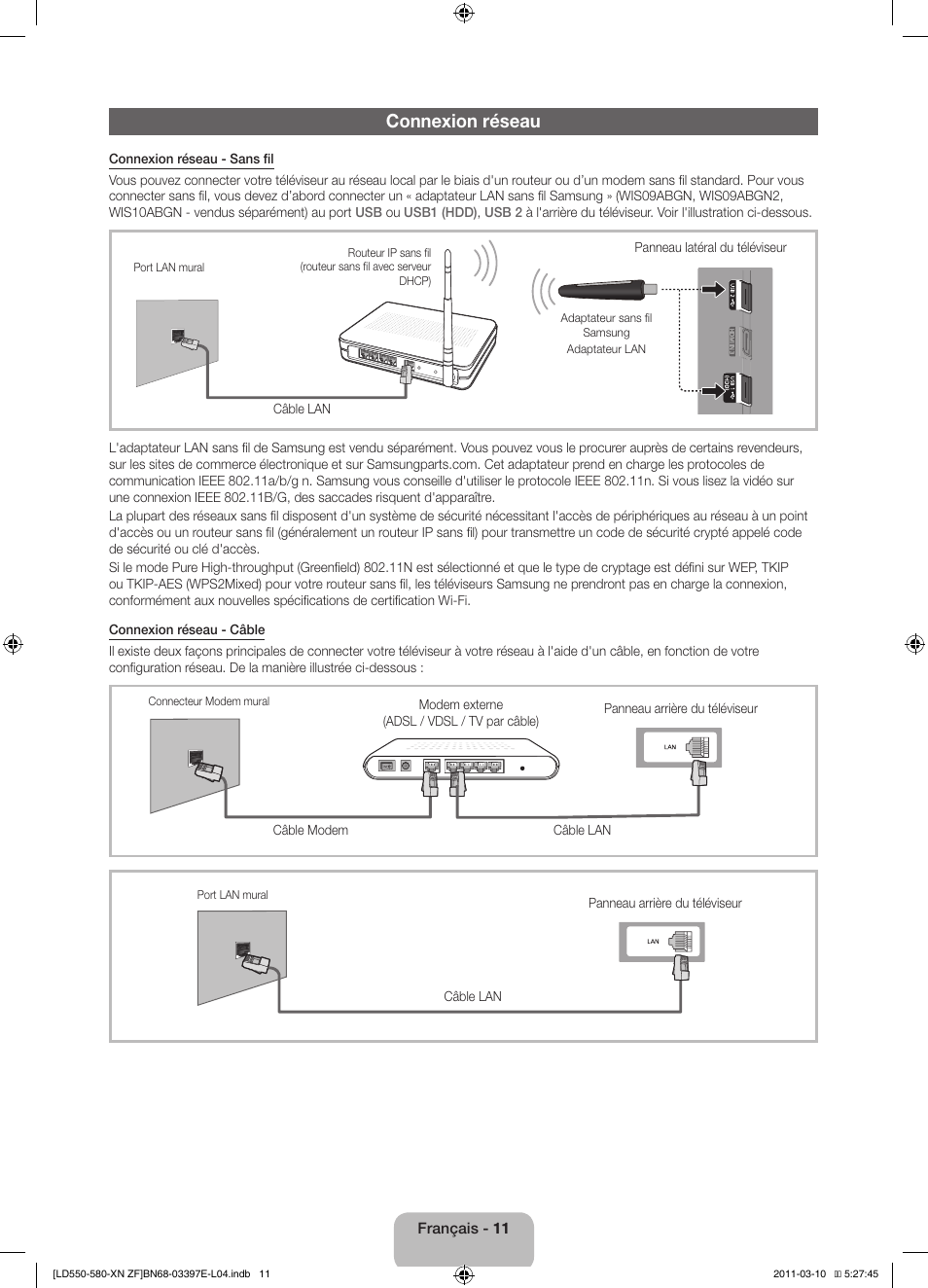 Connexion réseau | Samsung LE37D550K1W User Manual | Page 27 / 65