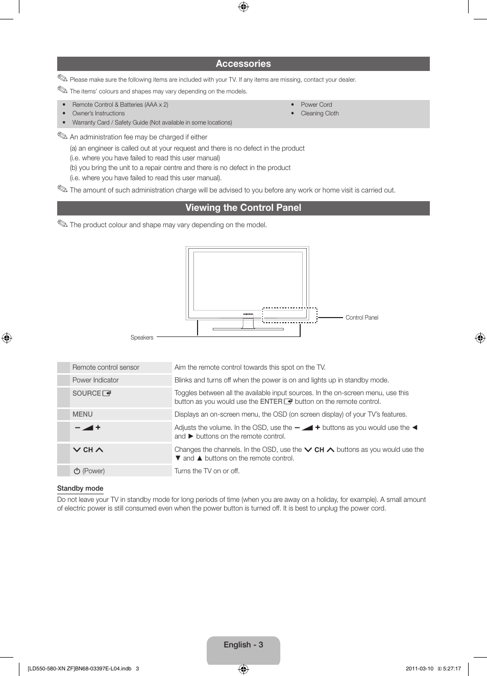 Accessories, Viewing the control panel | Samsung LE37D550K1W User Manual | Page 3 / 65