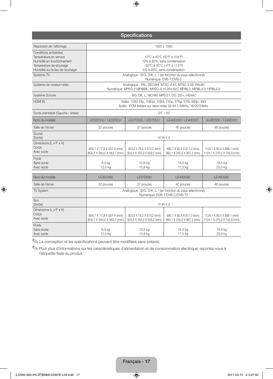 Specifications | Samsung LE37D550K1W User Manual | Page 33 / 65