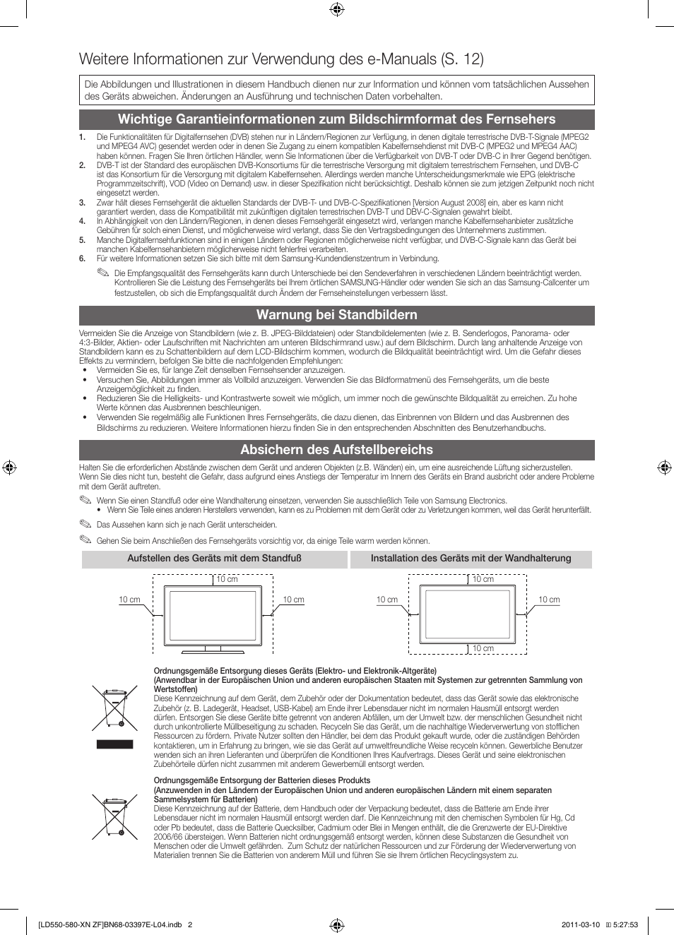 Warnung bei standbildern, Absichern des aufstellbereichs | Samsung LE37D550K1W User Manual | Page 34 / 65