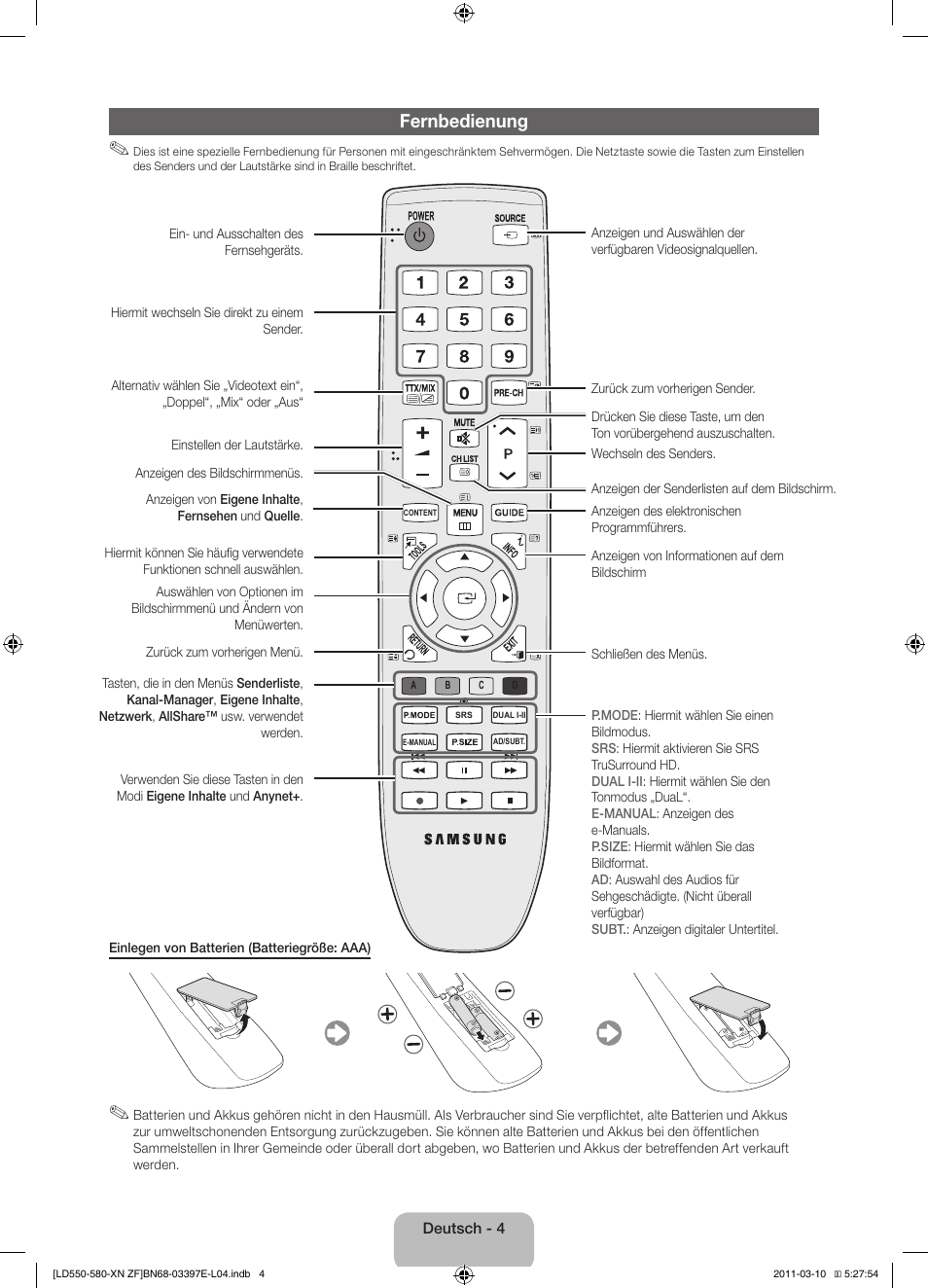 Fernbedienung | Samsung LE37D550K1W User Manual | Page 36 / 65