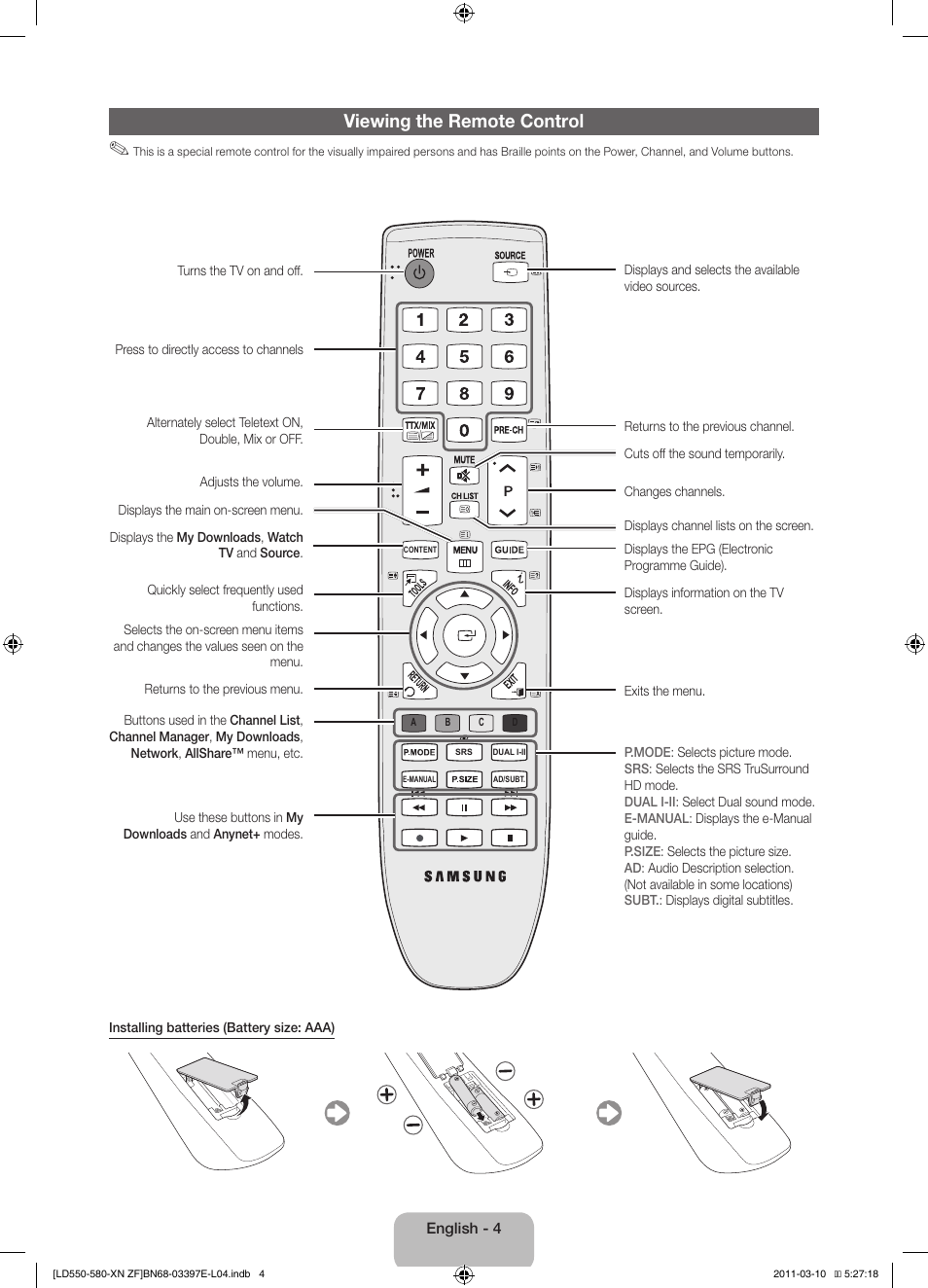 Viewing the remote control | Samsung LE37D550K1W User Manual | Page 4 / 65