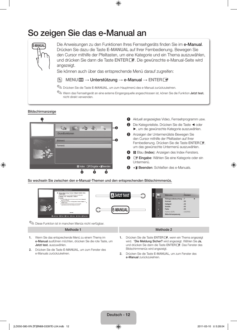 So zeigen sie das e-manual an, Ajetzt test, E-manual | Menu m → unterstützung → e-manual → enter e | Samsung LE37D550K1W User Manual | Page 44 / 65