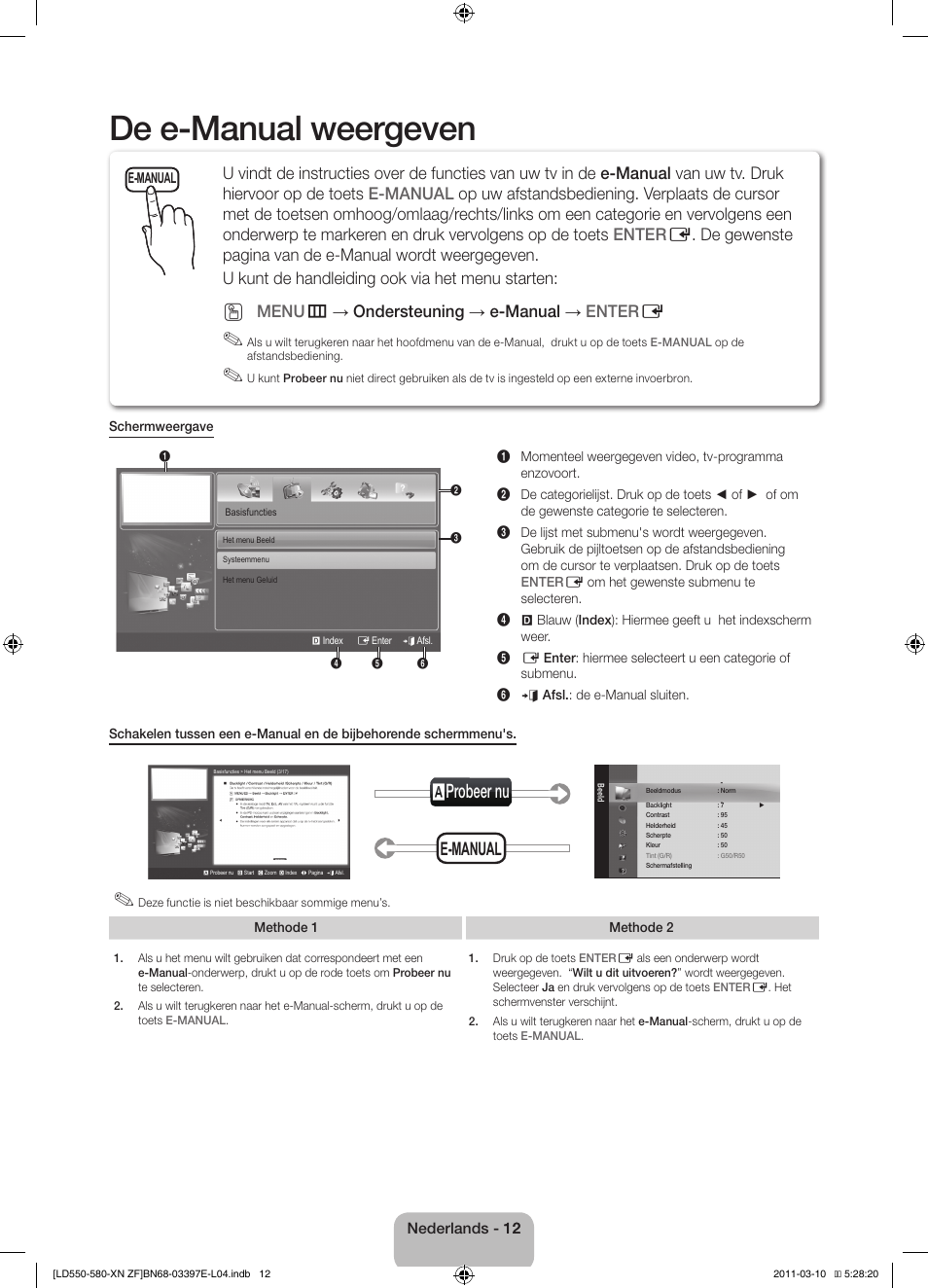 De e-manual weergeven, Aprobeer nu, E-manual | Menu m → ondersteuning → e-manual → enter e | Samsung LE37D550K1W User Manual | Page 60 / 65