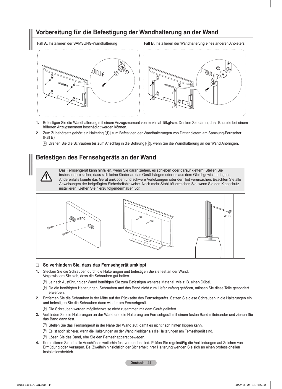 경고 주의 경고 주의, Befestigen des fernsehgeräts an der wand | Samsung PS50B579T6S User Manual | Page 101 / 197