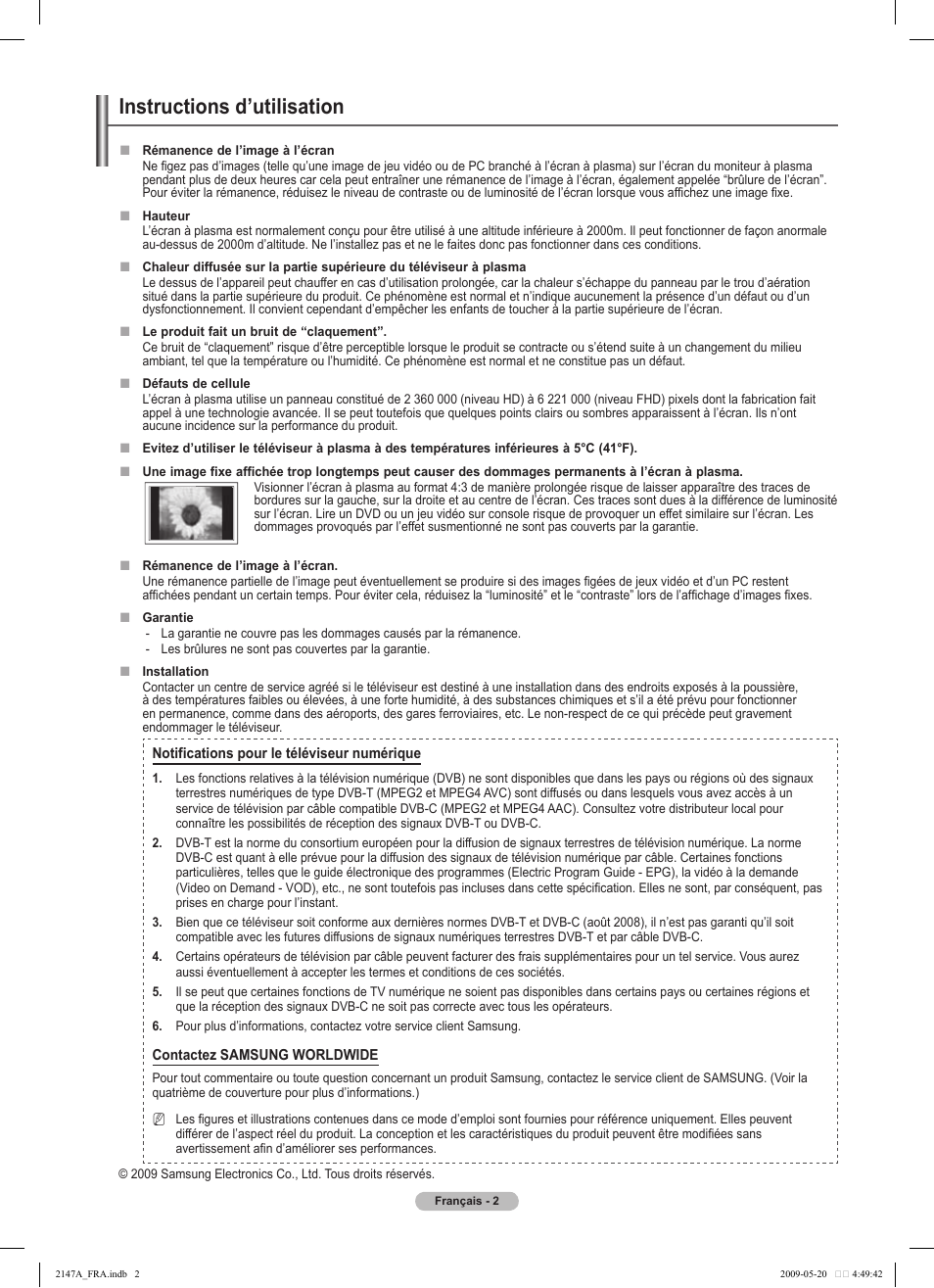 Instructions d’utilisation | Samsung PS50B579T6S User Manual | Page 105 / 197