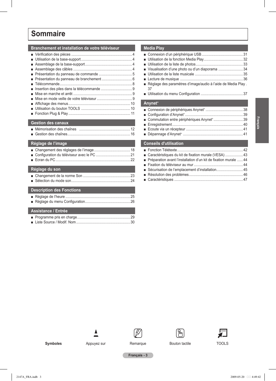 No t, Sommaire | Samsung PS50B579T6S User Manual | Page 106 / 197