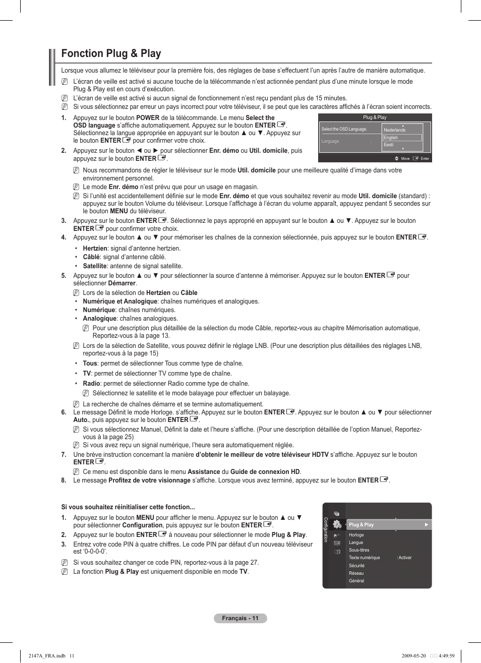 Fonction plug & play | Samsung PS50B579T6S User Manual | Page 114 / 197
