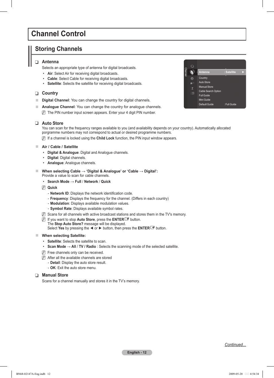 Channel control, Storing channels | Samsung PS50B579T6S User Manual | Page 12 / 197