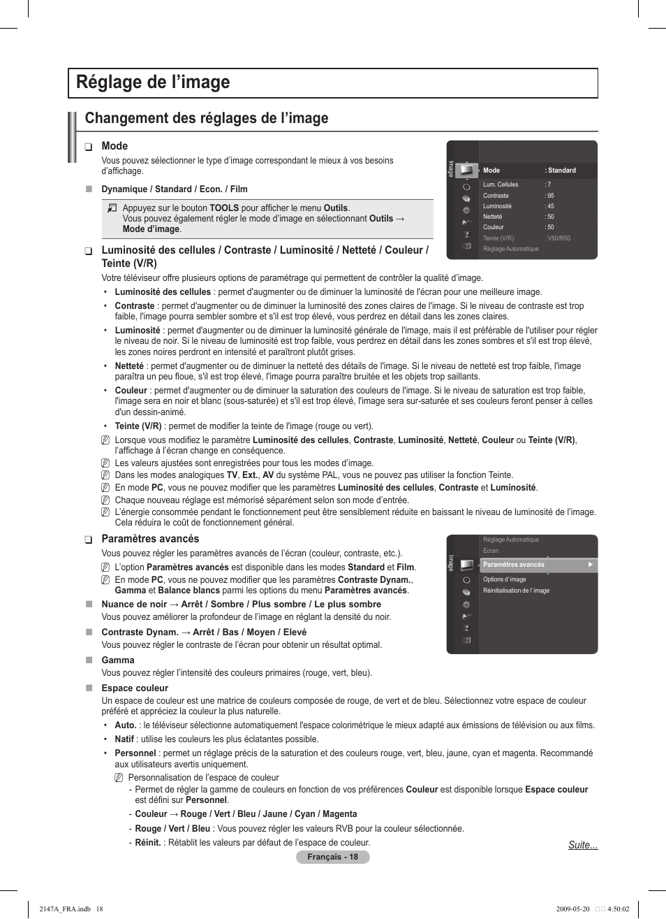 Réglage de l’image, Changement des réglages de l’image | Samsung PS50B579T6S User Manual | Page 121 / 197