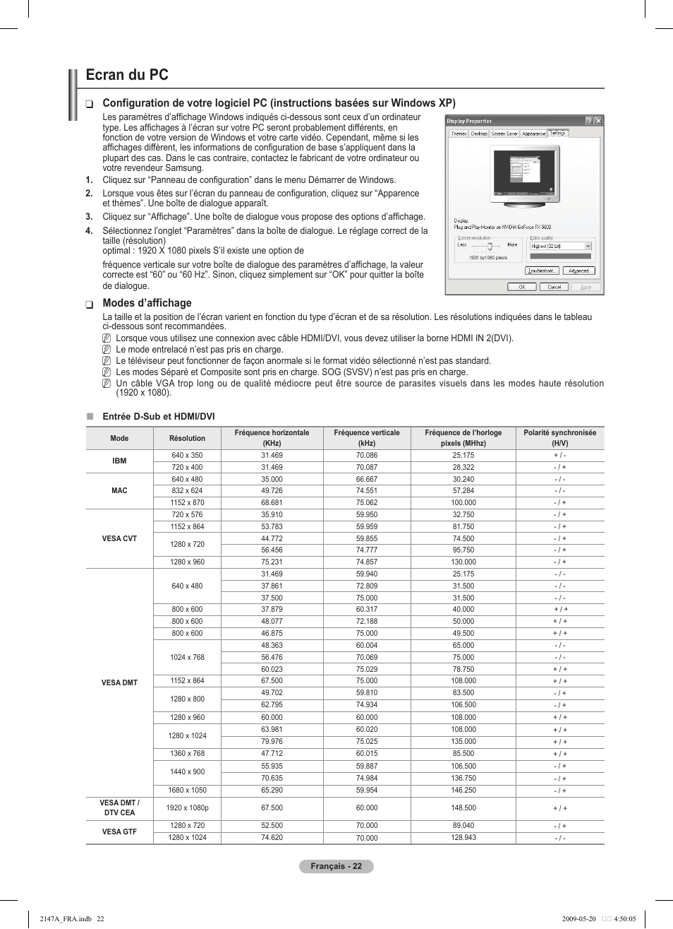 Ecran du pc, Modes d’affichage | Samsung PS50B579T6S User Manual | Page 125 / 197
