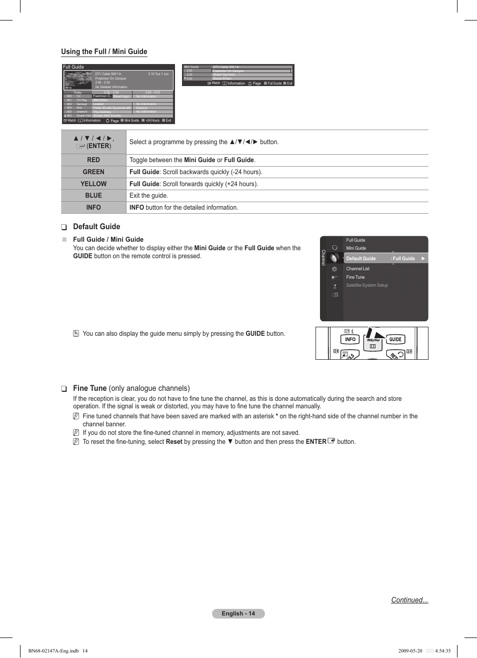 Default guide, Fine tune ❑ (only analogue channels), Using the full / mini guide | Continued | Samsung PS50B579T6S User Manual | Page 14 / 197