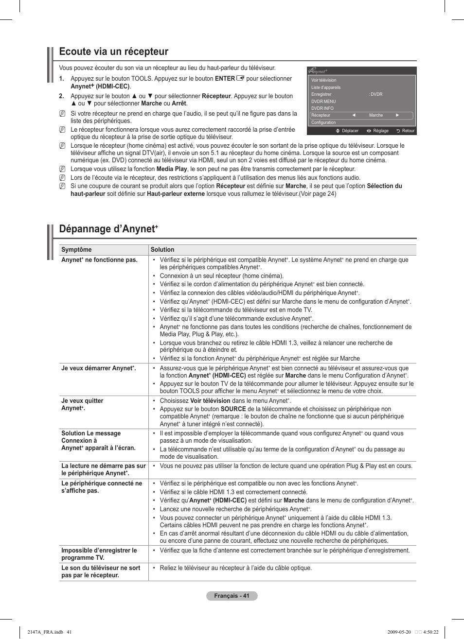 Ecoute via un récepteur, Dépannage d’anynet | Samsung PS50B579T6S User Manual | Page 144 / 197
