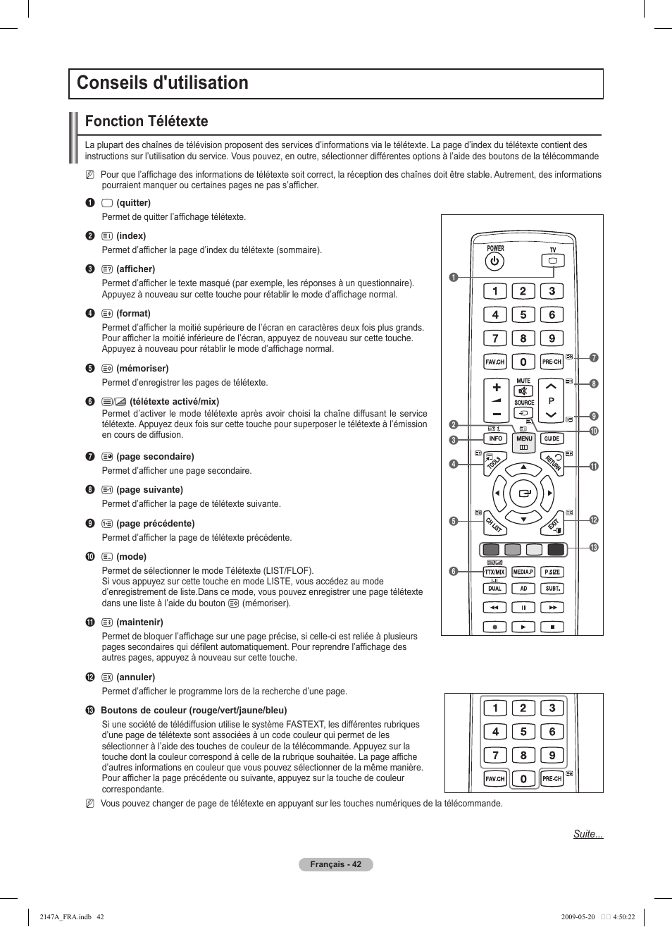 Conseils d'utilisation, Fonction télétexte | Samsung PS50B579T6S User Manual | Page 145 / 197
