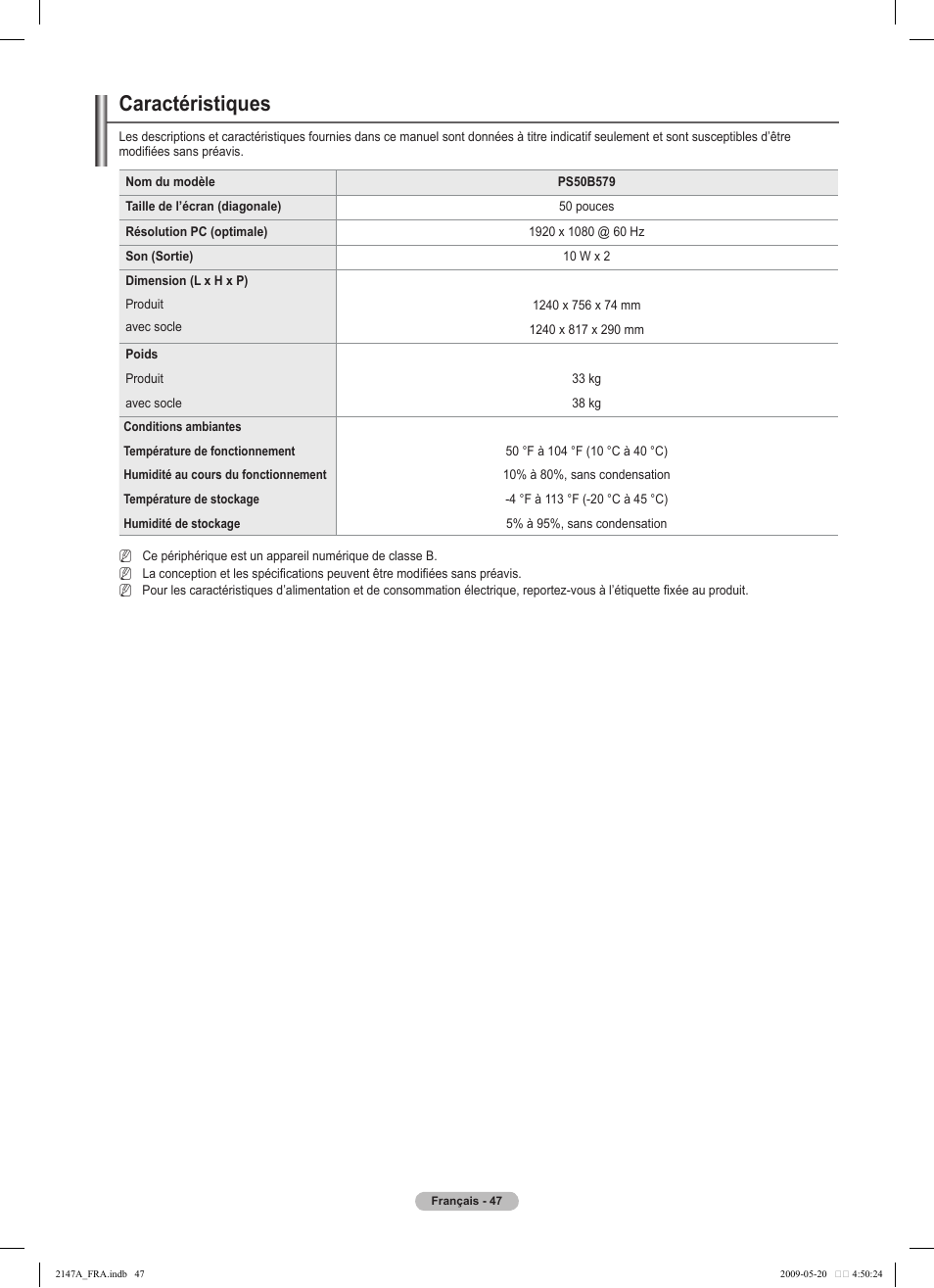Caractéristiques | Samsung PS50B579T6S User Manual | Page 150 / 197