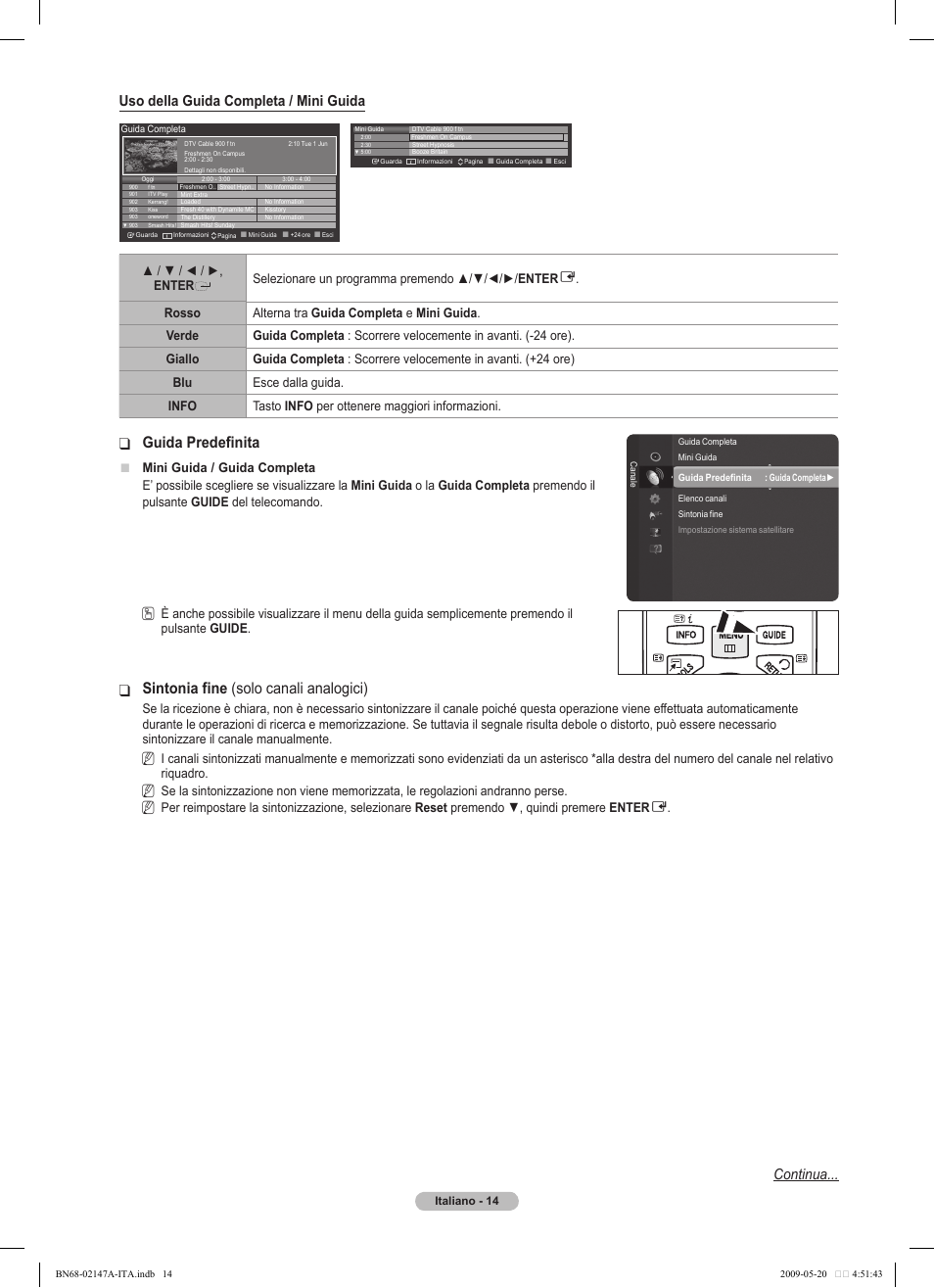 Guida predefinita, Sintonia fine ❑ (solo canali analogici), Uso della guida completa / mini guida | Continua | Samsung PS50B579T6S User Manual | Page 163 / 197