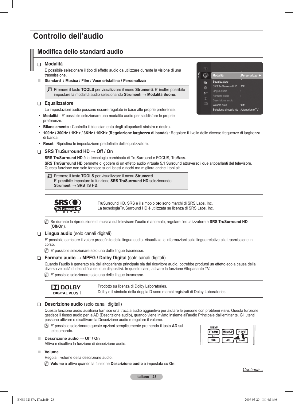 Controllo dell’audio, Modifica dello standard audio | Samsung PS50B579T6S User Manual | Page 172 / 197