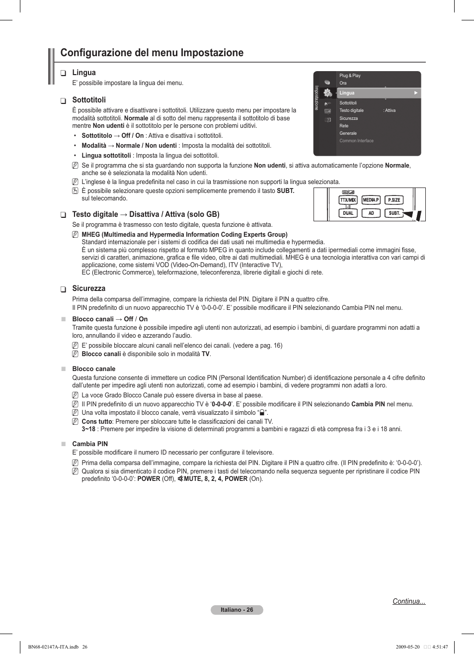 Configurazione del menu impostazione | Samsung PS50B579T6S User Manual | Page 175 / 197