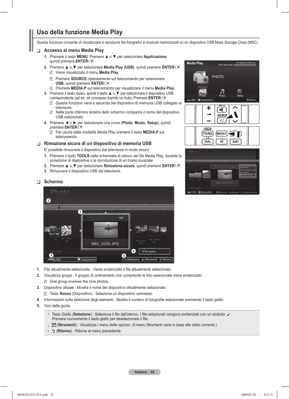 Uso della funzione media play, Accesso al menu media play, Schermo | Samsung PS50B579T6S User Manual | Page 181 / 197