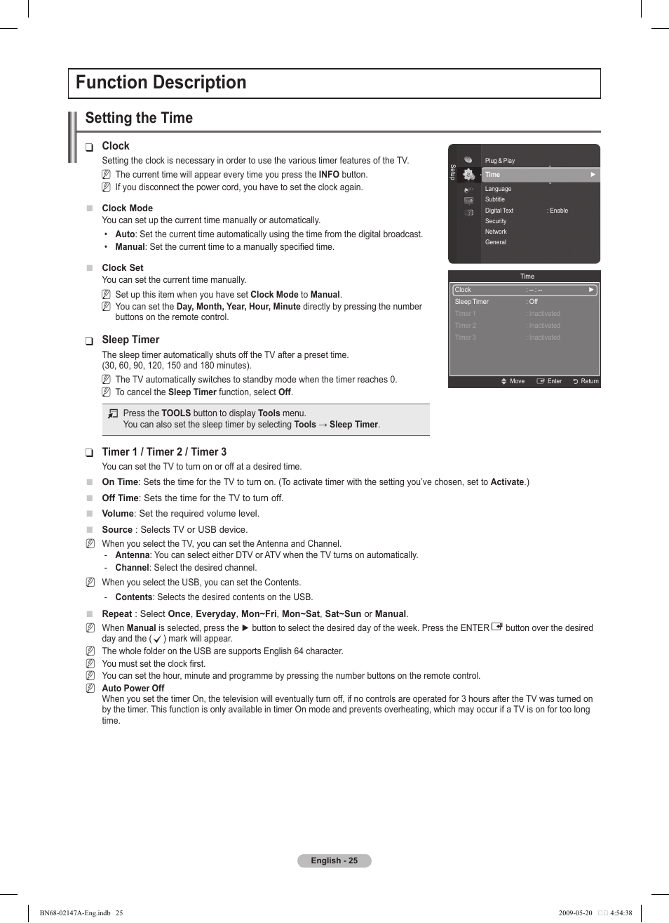 Function description, Setting the time | Samsung PS50B579T6S User Manual | Page 25 / 197