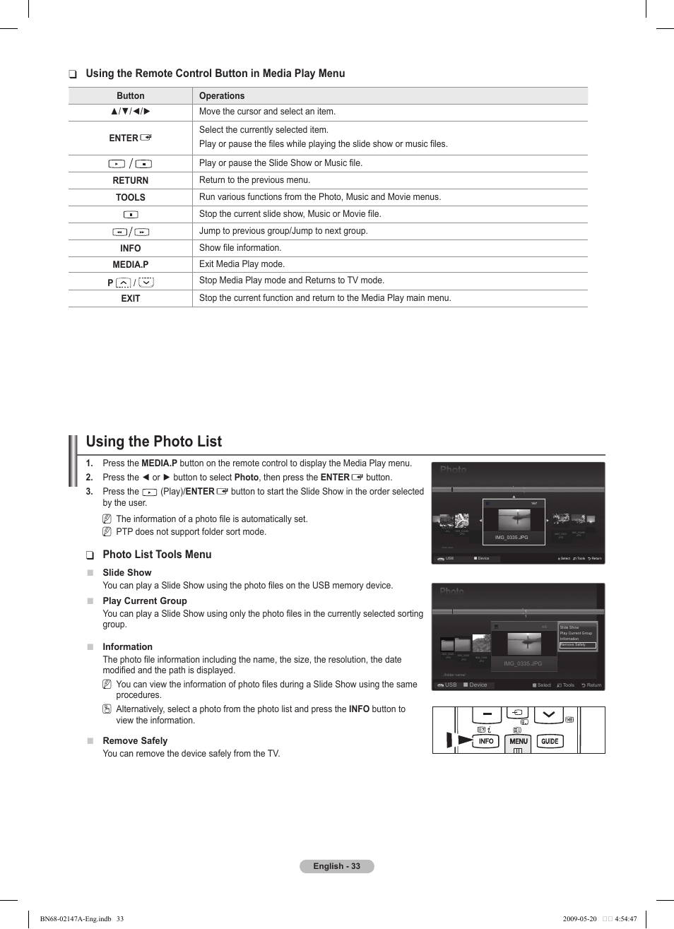 Using the photo list, Photo list tools menu, Using the remote control button in media play menu | Samsung PS50B579T6S User Manual | Page 33 / 197