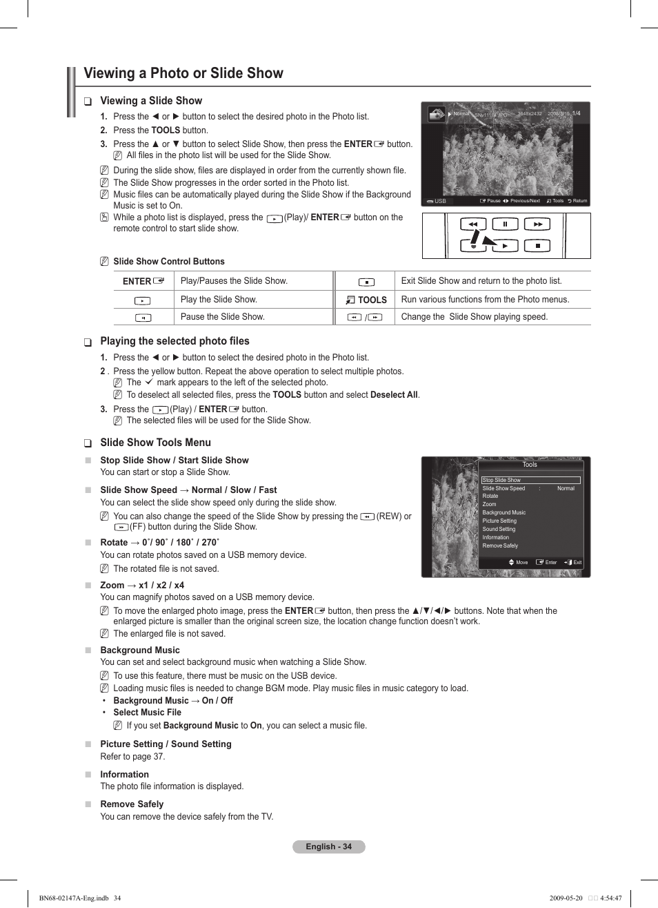 Viewing a photo or slide show, Viewing a slide show, Playing the selected photo files | Slide show tools menu | Samsung PS50B579T6S User Manual | Page 34 / 197