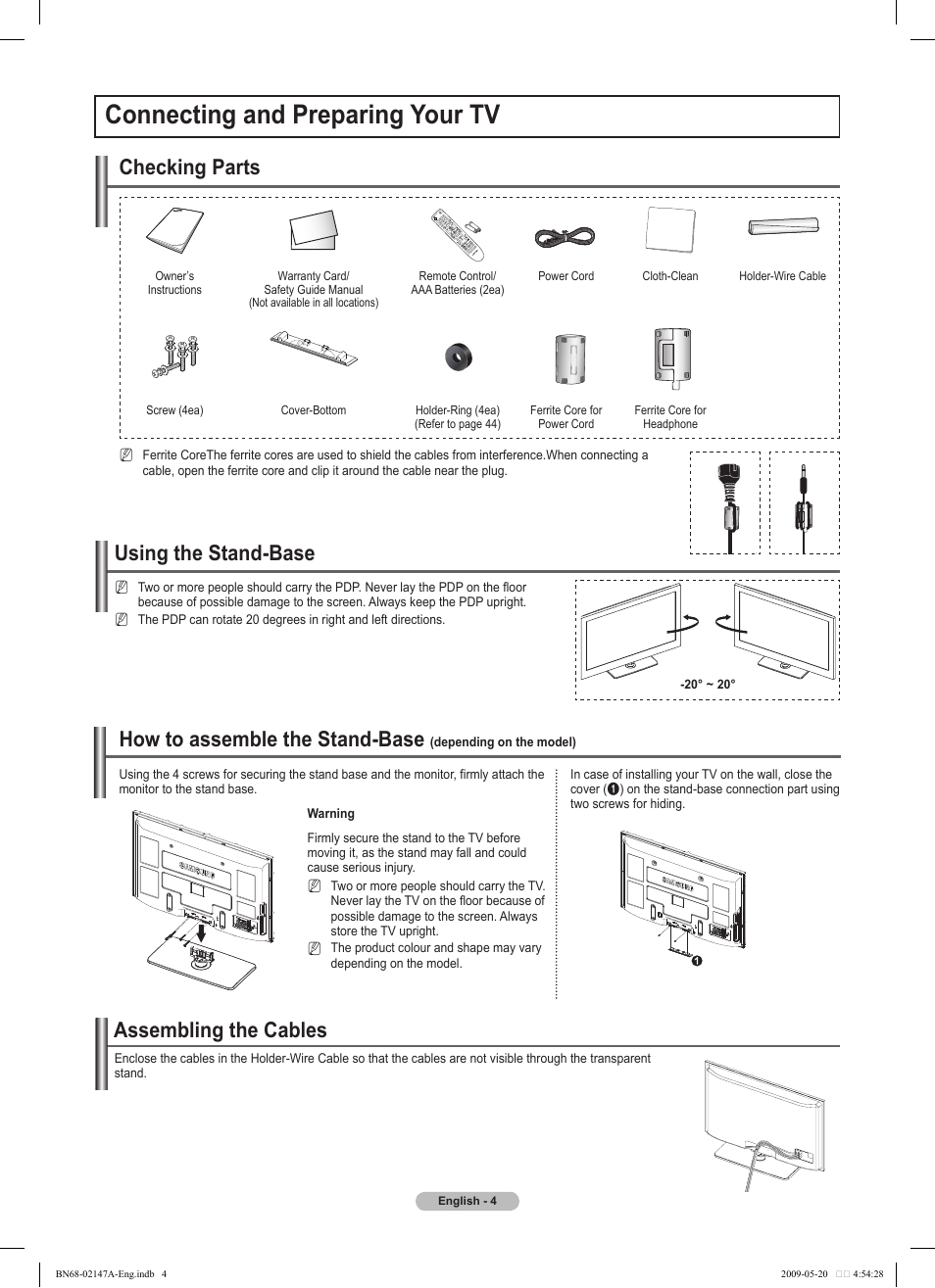 Connecting and preparing your tv, Using the stand-base, How to assemble the stand-base | Checking parts, Assembling the cables | Samsung PS50B579T6S User Manual | Page 4 / 197