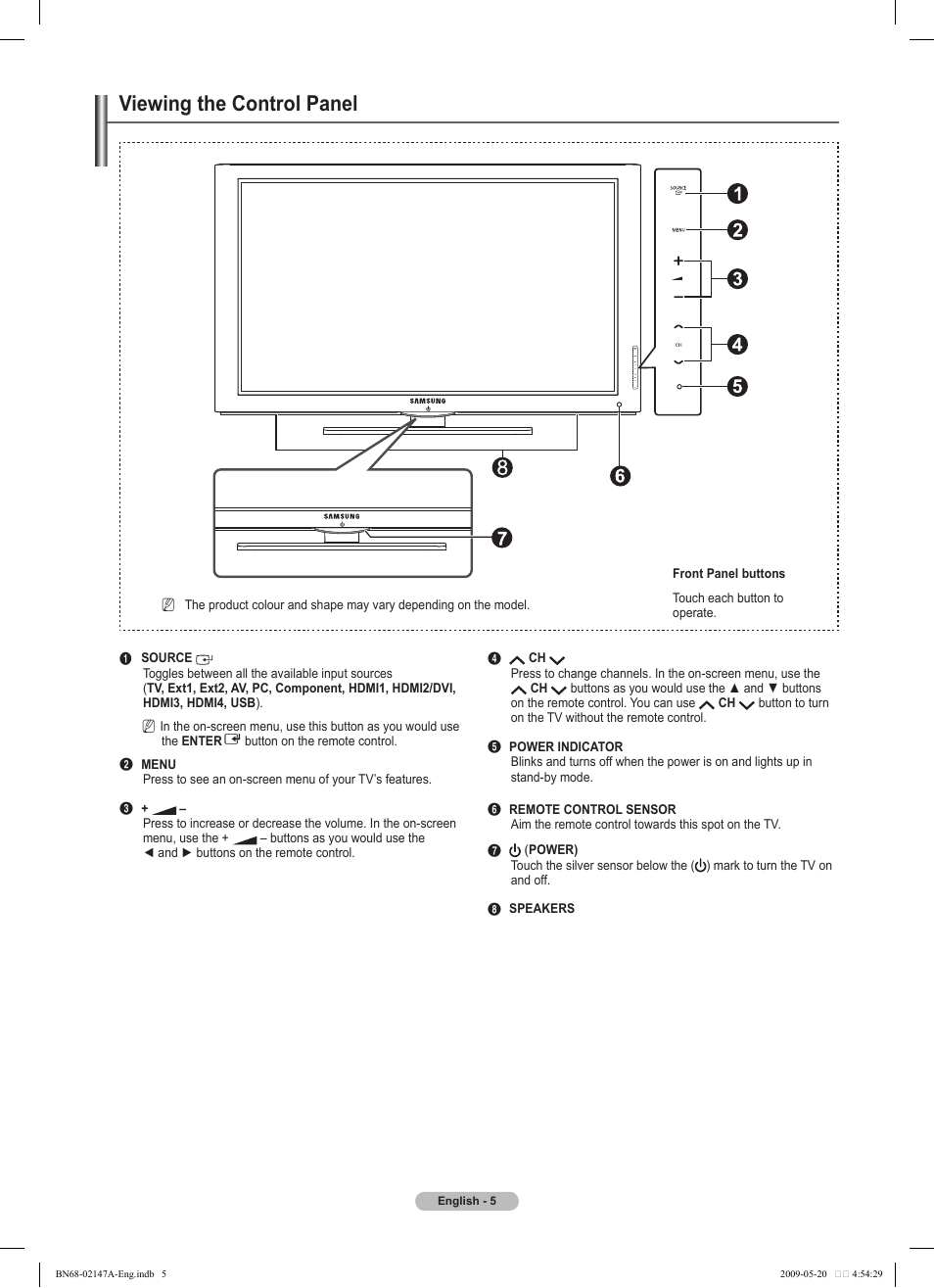 Viewing the control panel | Samsung PS50B579T6S User Manual | Page 5 / 197