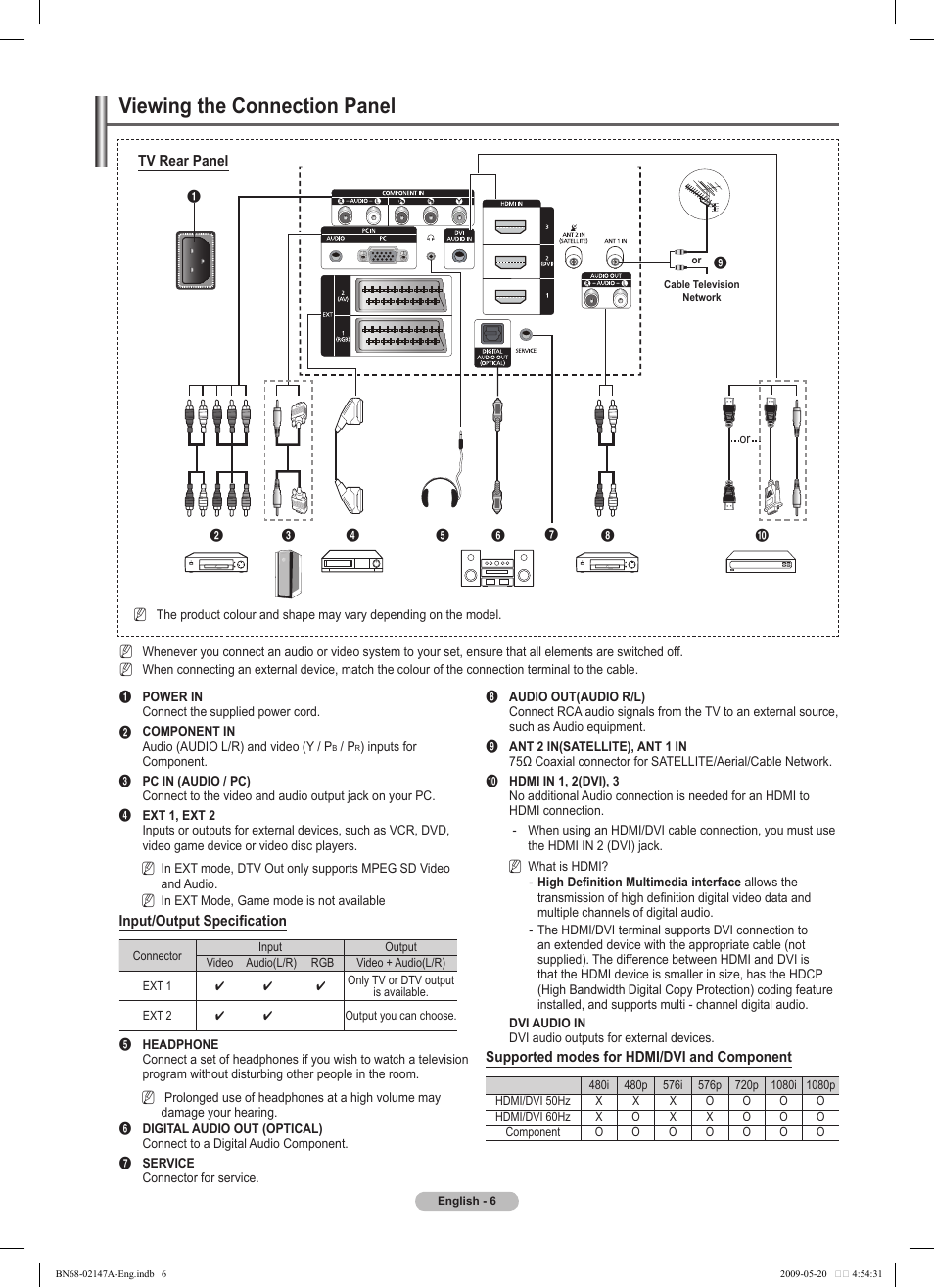 Viewing the connection panel | Samsung PS50B579T6S User Manual | Page 6 / 197