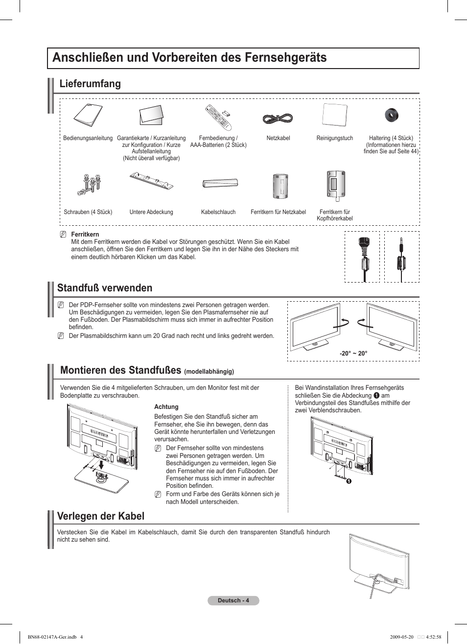 Anschließen und vorbereiten des fernsehgeräts, Verlegen der kabel, Standfuß verwenden | Lieferumfang, Montieren des standfußes | Samsung PS50B579T6S User Manual | Page 61 / 197