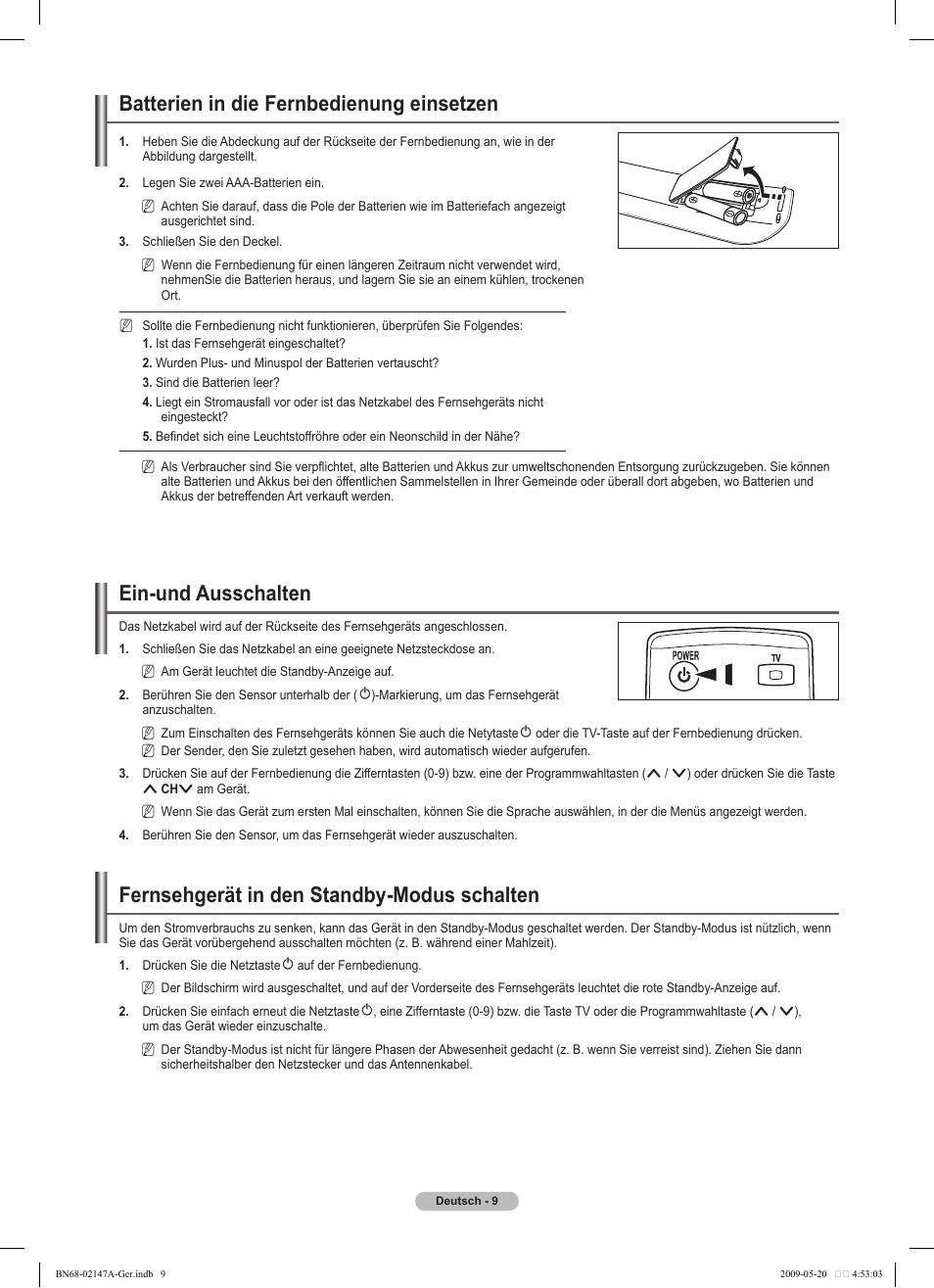 Batterien in die fernbedienung einsetzen, Ein-und ausschalten, Fernsehgerät in den standby-modus schalten | Samsung PS50B579T6S User Manual | Page 66 / 197