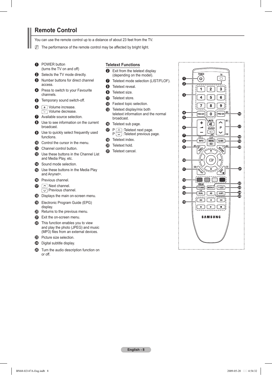 Remote control | Samsung PS50B579T6S User Manual | Page 8 / 197
