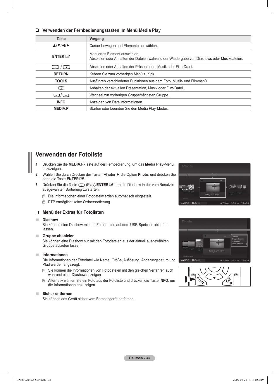 Verwenden der fotoliste, Menü der extras für fotolisten | Samsung PS50B579T6S User Manual | Page 90 / 197