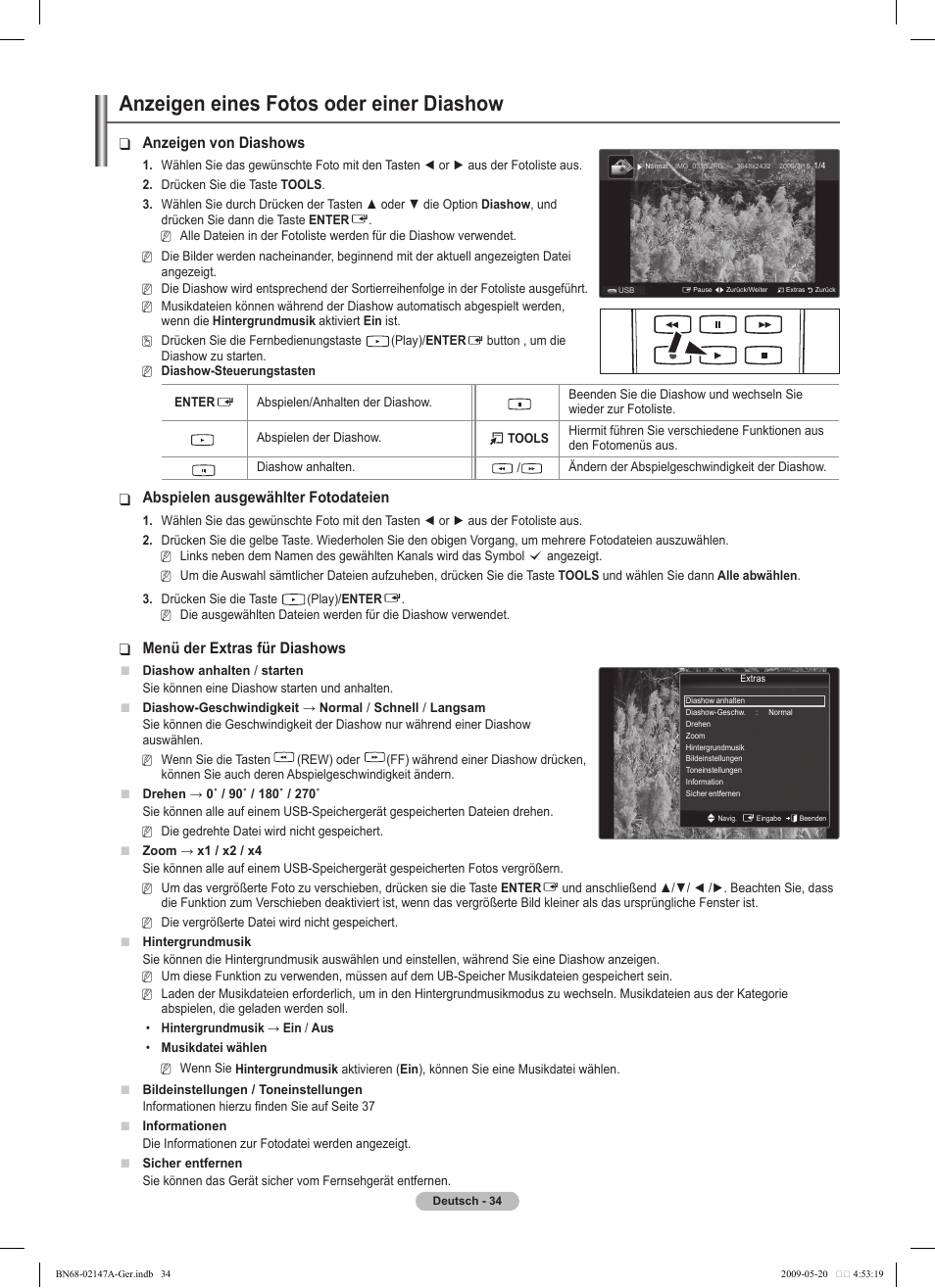 Anzeigen eines fotos oder einer diashow, Anzeigen von diashows, Abspielen ausgewählter fotodateien | Menü der extras für diashows | Samsung PS50B579T6S User Manual | Page 91 / 197