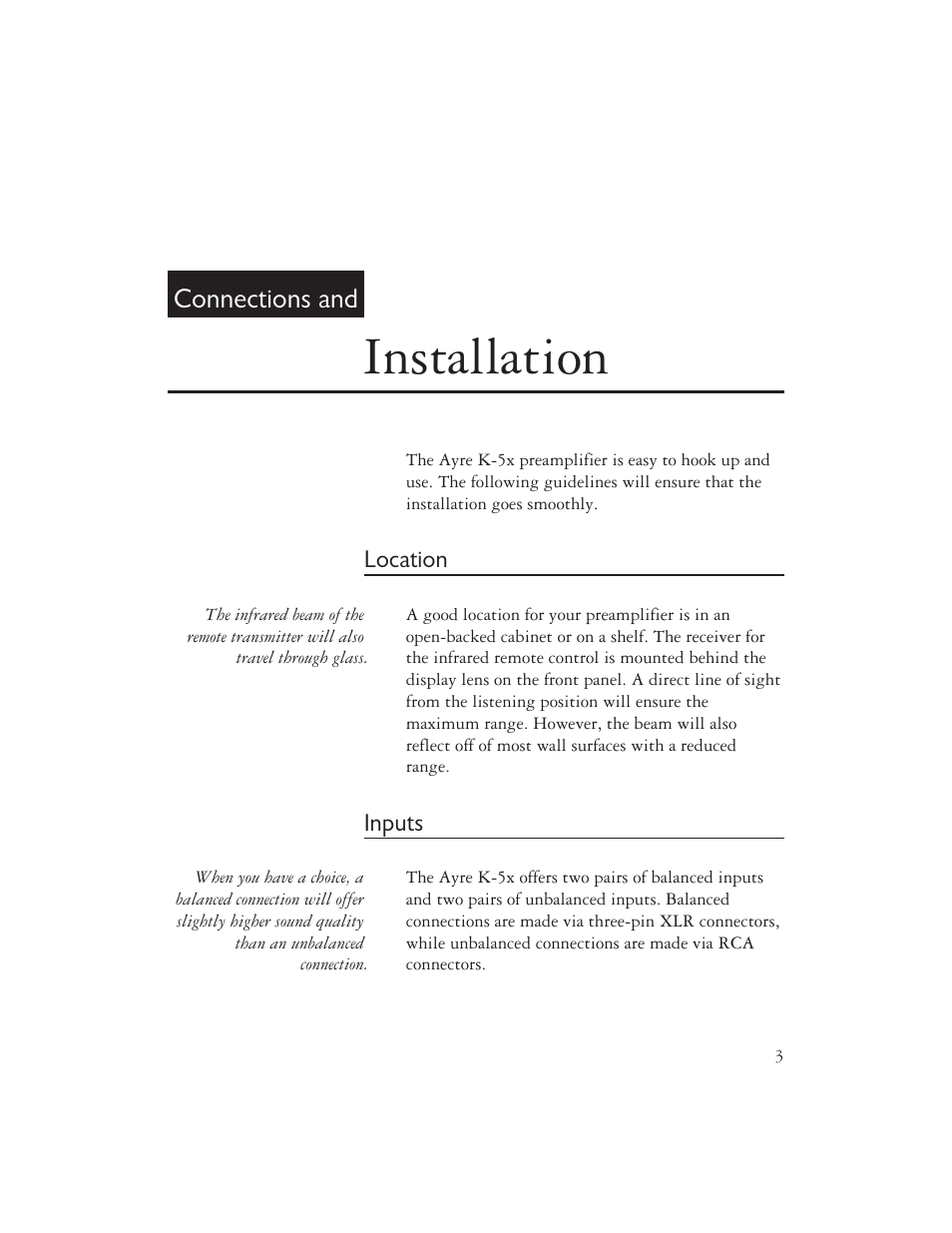 Installation, Connections and | Ayre Acoustics K-5x User Manual | Page 5 / 20