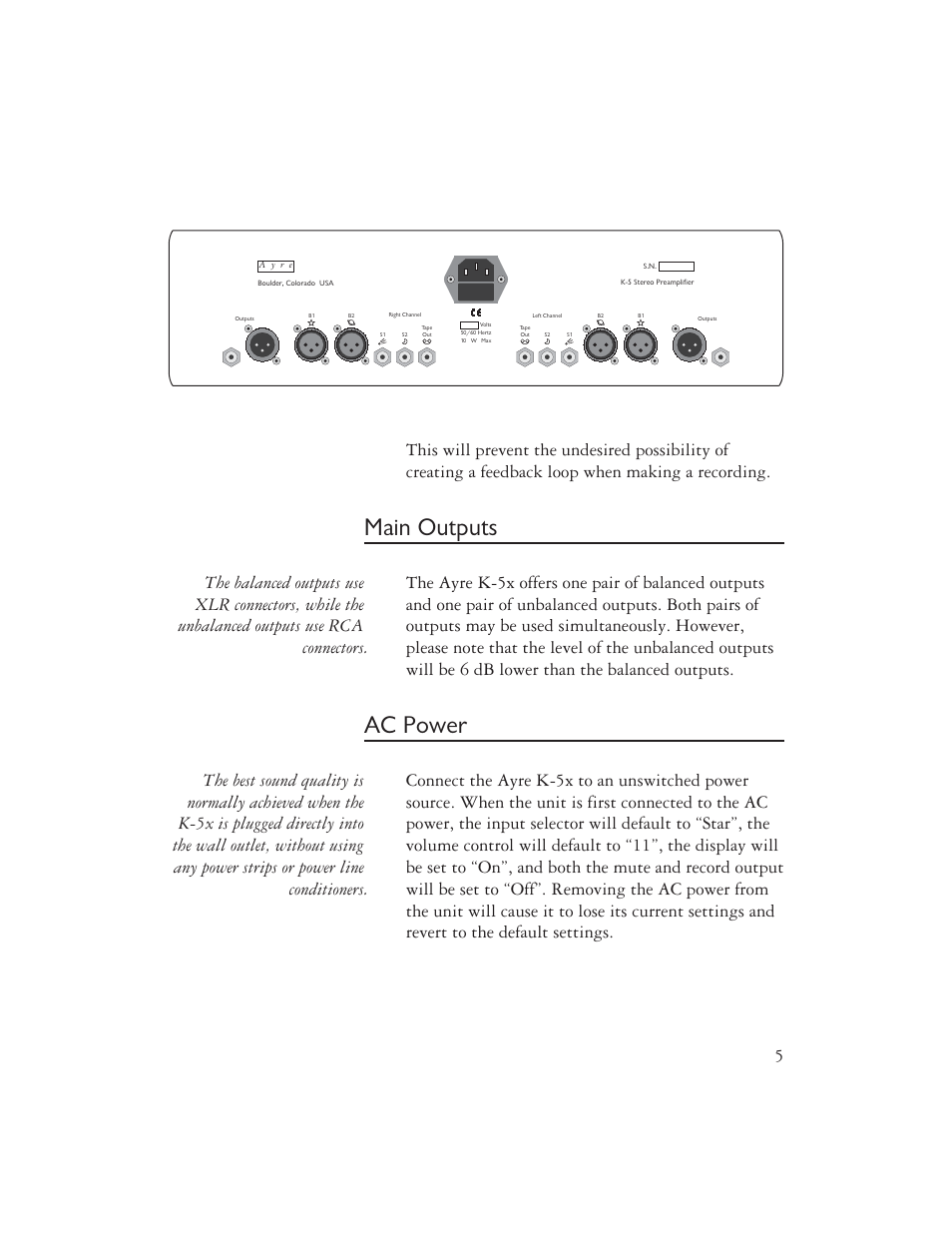 Main outputs, Ac power | Ayre Acoustics K-5x User Manual | Page 7 / 20