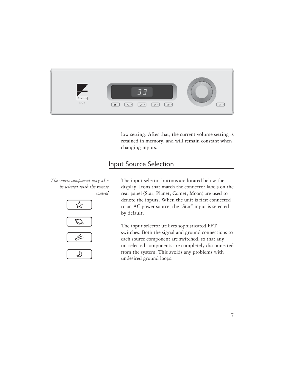 Input source selection | Ayre Acoustics K-5x User Manual | Page 9 / 20