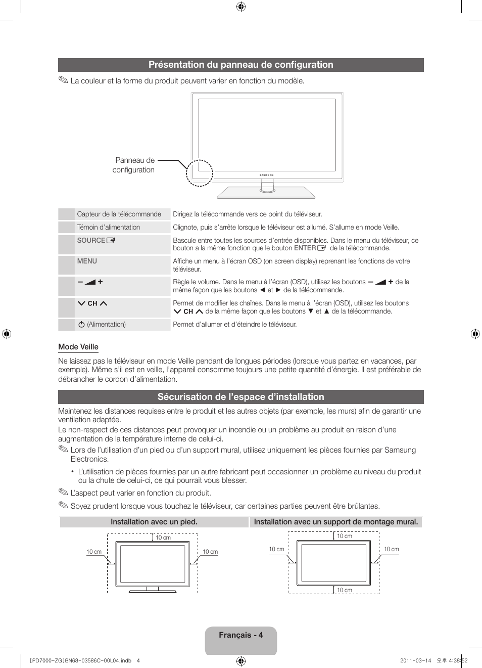 Présentation du panneau de configuration, Sécurisation de l’espace d’installation | Samsung PS51D7000DS User Manual | Page 42 / 78