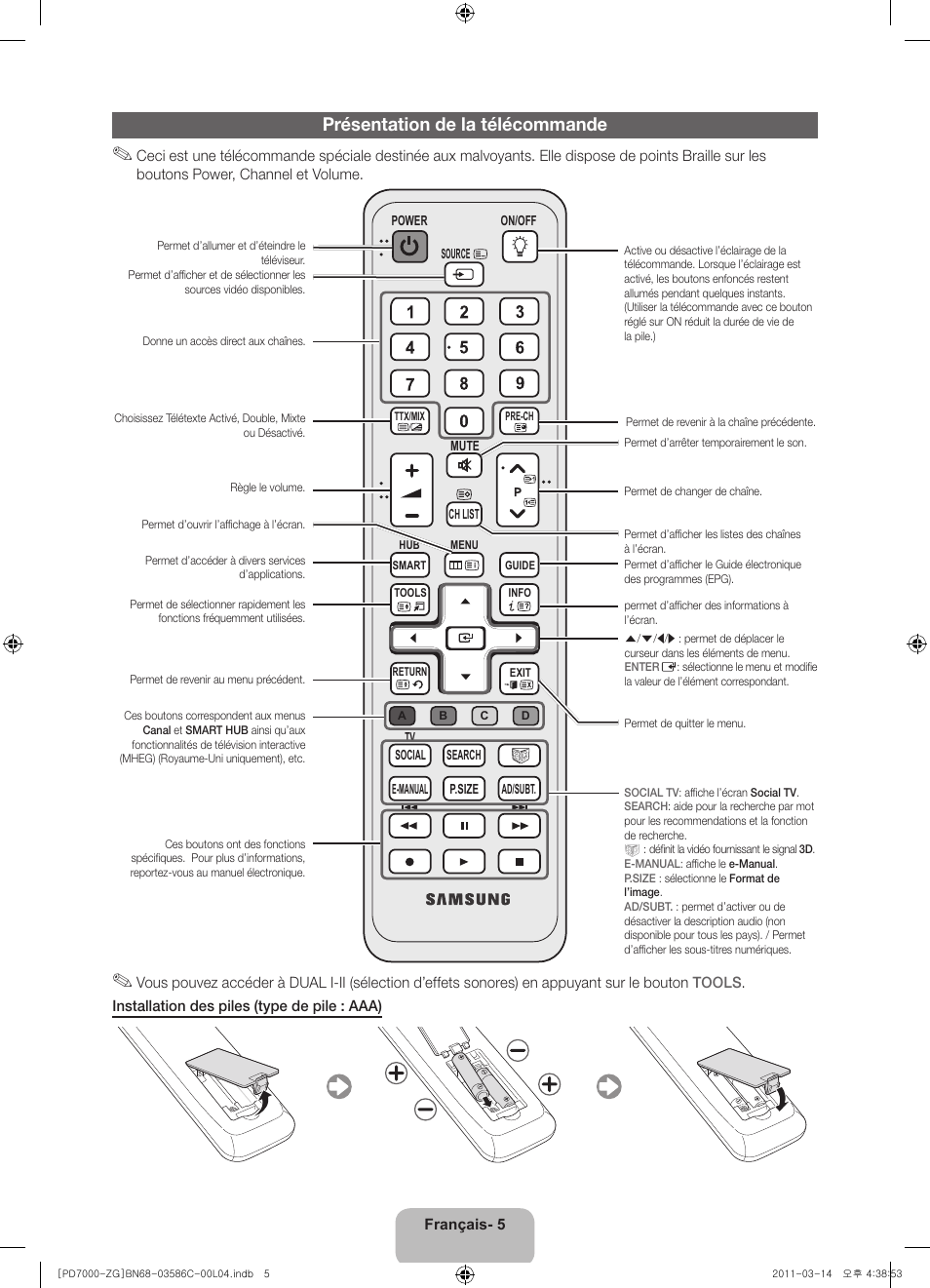 Présentation de la télécommande | Samsung PS51D7000DS User Manual | Page 43 / 78