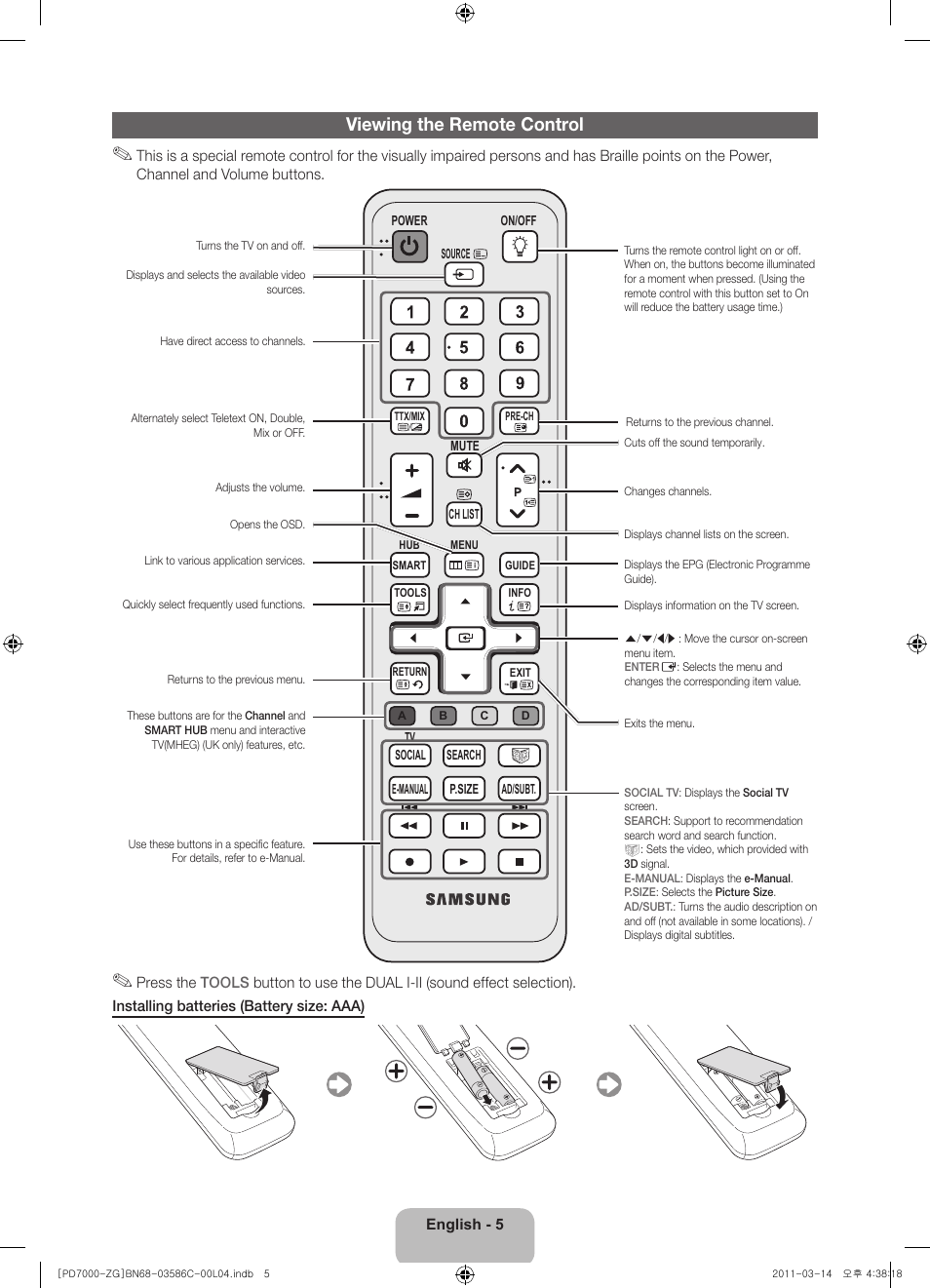 Viewing the remote control | Samsung PS51D7000DS User Manual | Page 5 / 78