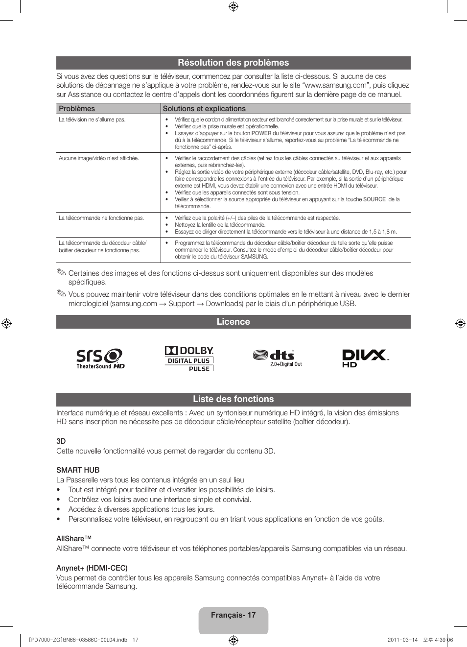 Résolution des problèmes, Licence liste des fonctions | Samsung PS51D7000DS User Manual | Page 55 / 78