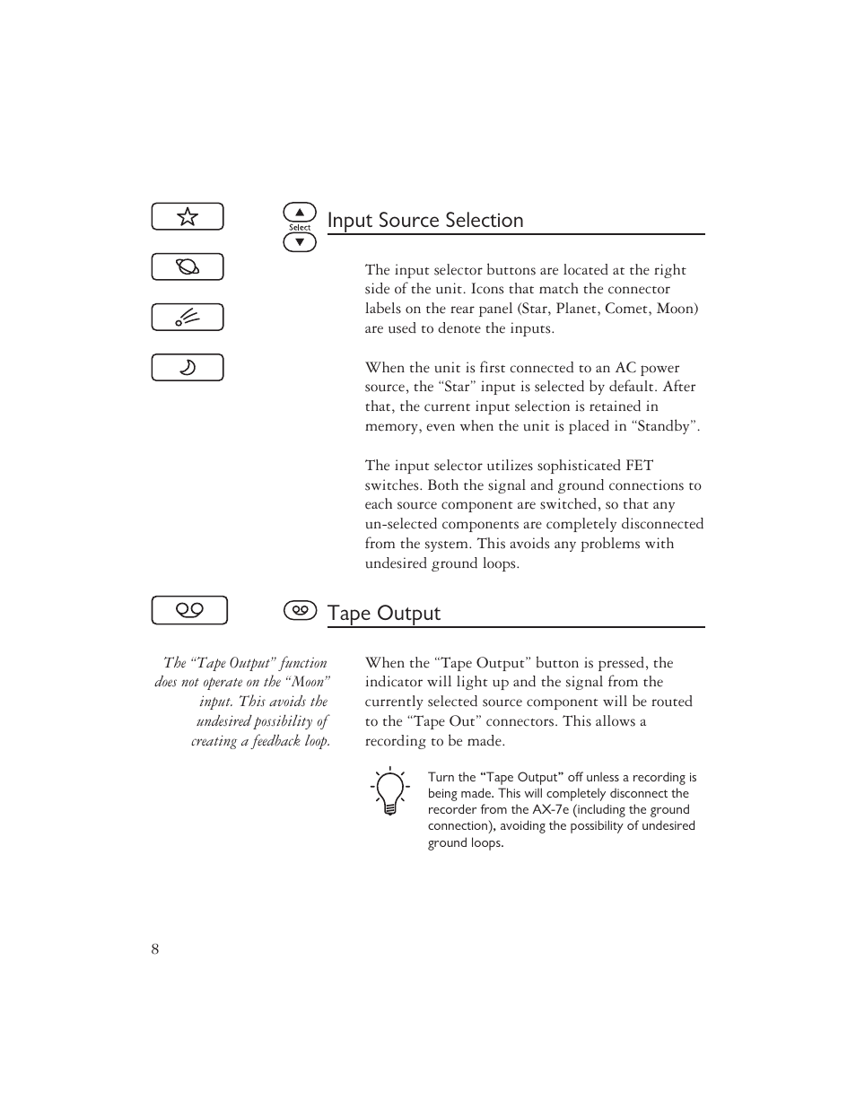 Input source selection, Tape output | AYRE AX-7e User Manual | Page 10 / 20