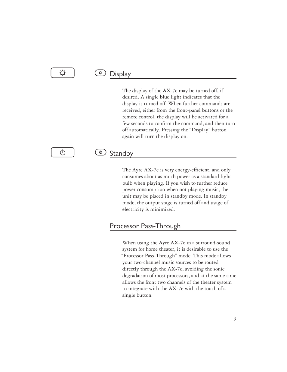 Display, Standby, Processor pass-through | AYRE AX-7e User Manual | Page 11 / 20