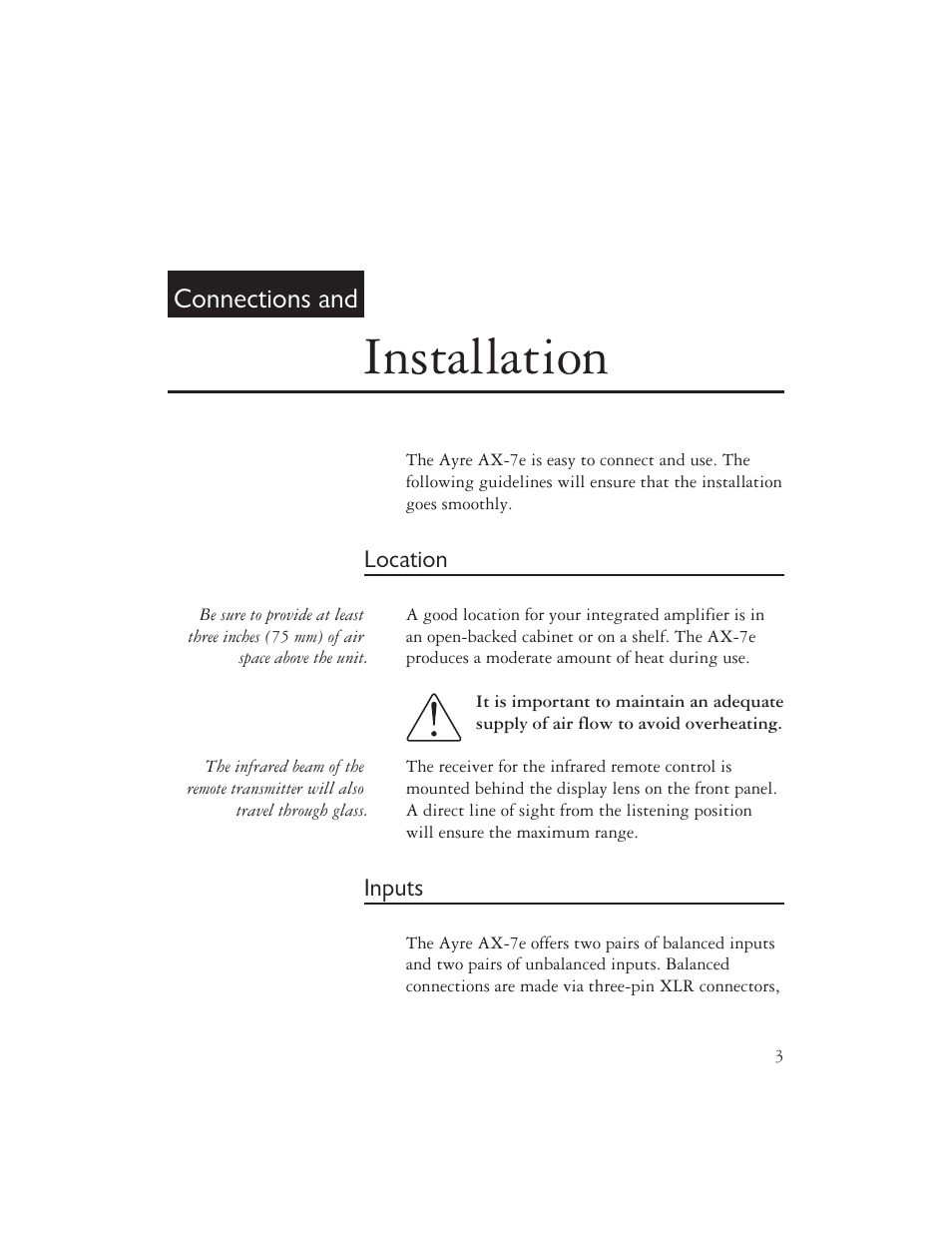 Installation, Connections and | AYRE AX-7e User Manual | Page 5 / 20