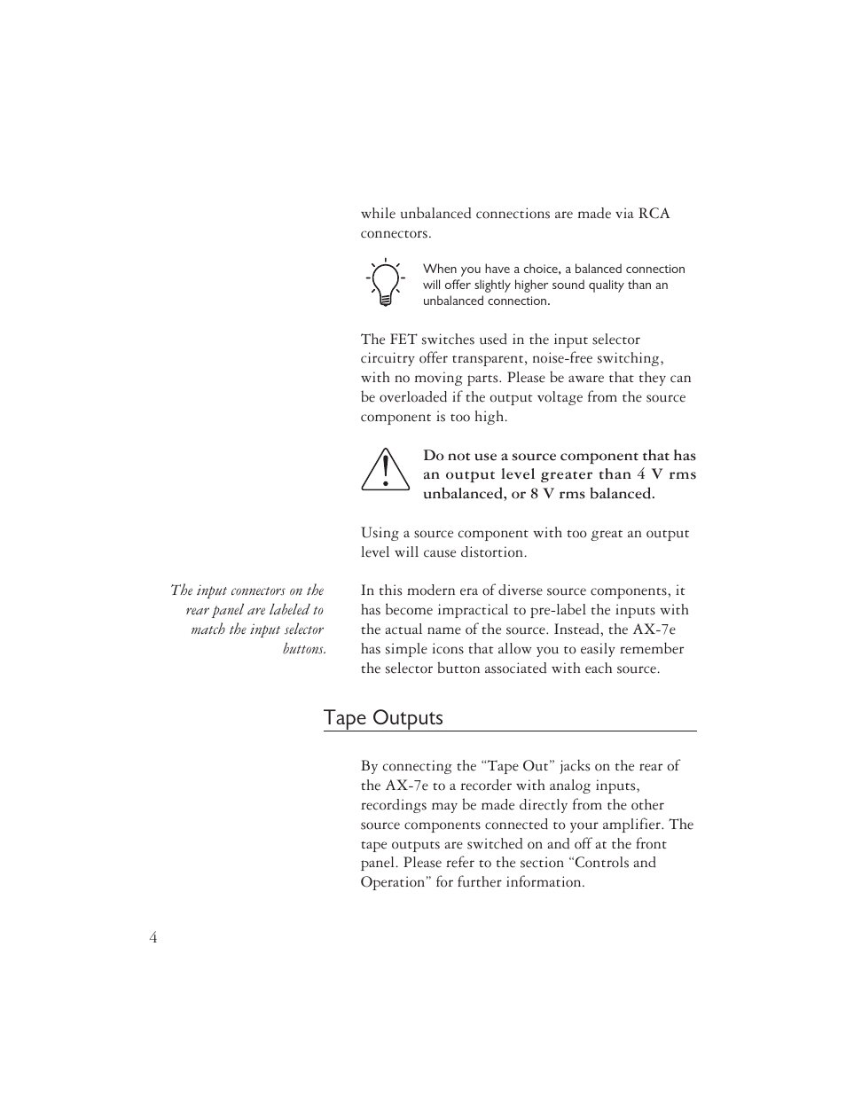 Tape outputs | AYRE AX-7e User Manual | Page 6 / 20