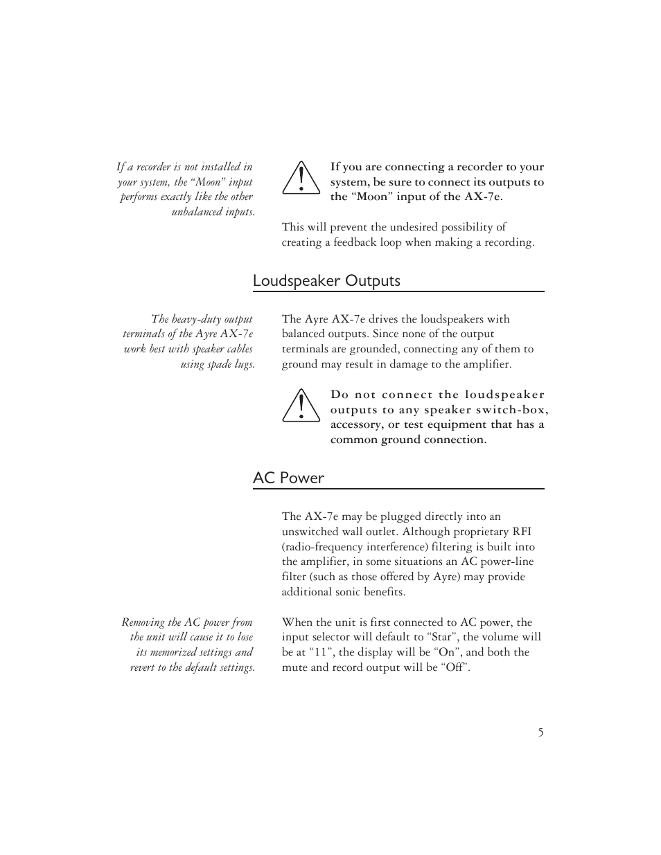 Loudspeaker outputs, Ac power | AYRE AX-7e User Manual | Page 7 / 20