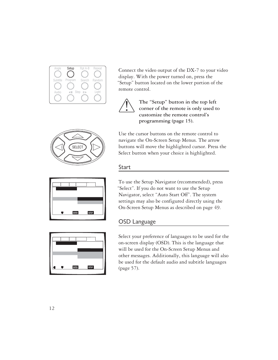 Start, Osd language | Ayre Acoustics DX-7 User Manual | Page 14 / 88
