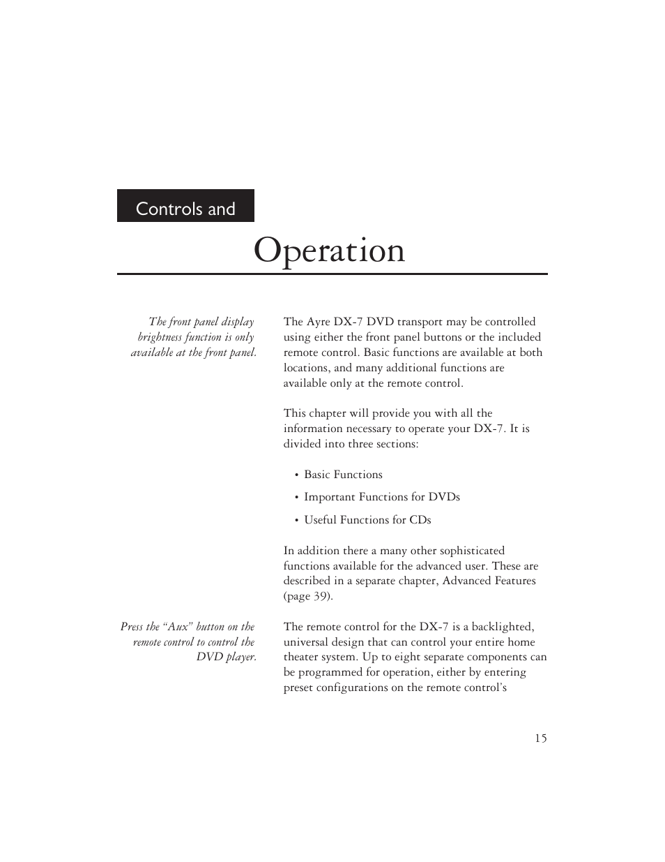 Operation, Controls and | Ayre Acoustics DX-7 User Manual | Page 17 / 88