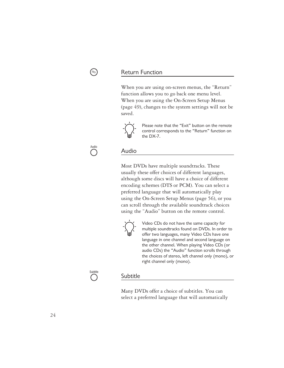 Return function, Audio, Subtitle | Ayre Acoustics DX-7 User Manual | Page 26 / 88