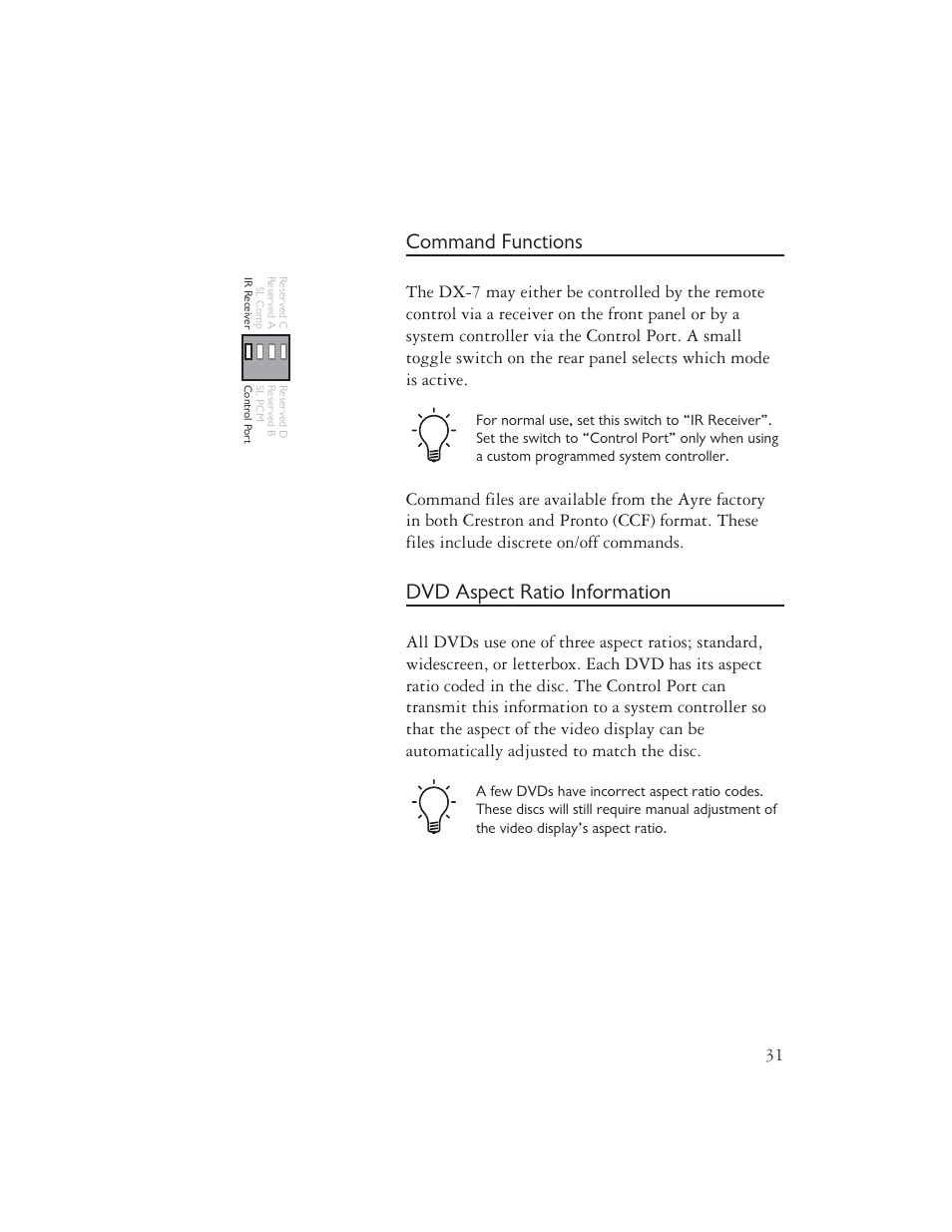 Command functions, Dvd aspect ratio information | Ayre Acoustics DX-7 User Manual | Page 33 / 88